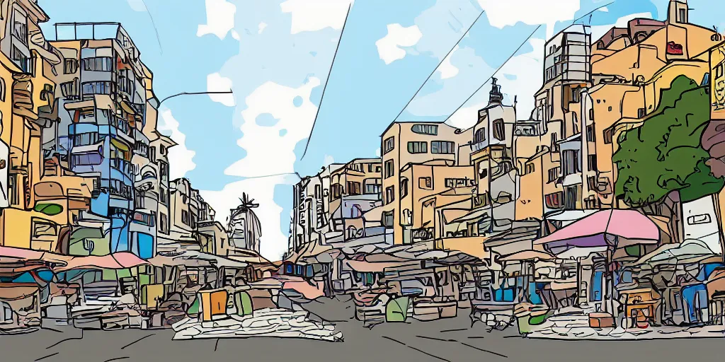 Image similar to tel aviv street from low level. optimistic. digital art. vector watercolor.