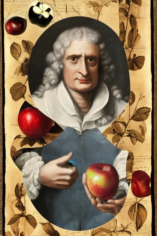 Image similar to isaac newton holding an apple, collage