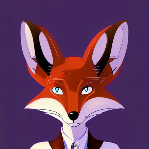 Image similar to don bluth, loish, artgerm, steampunk, clockpunk anthropomorphic fox girl, purple vest, smiling, symmetrical eyes symmetrical face, colorful animation forest background