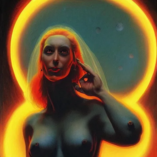 Prompt: portrait of a woman who can produce glowing plasma from her hands, by gerald brom.