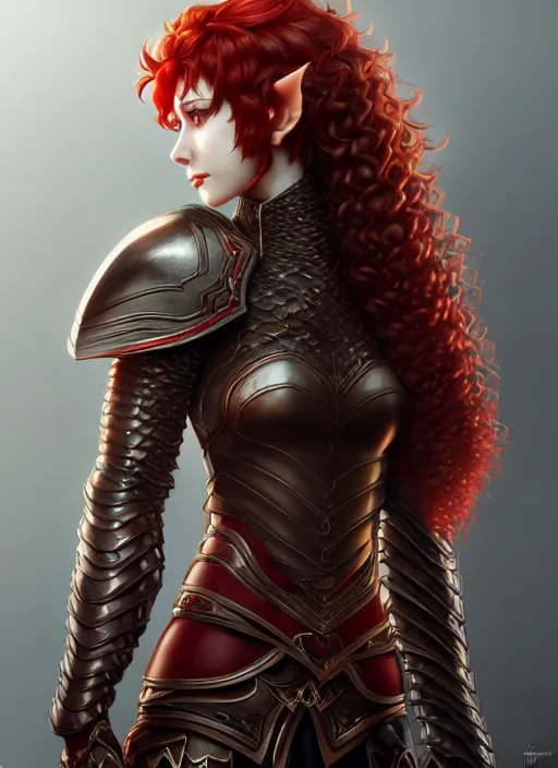 Image similar to leather armor!!! beautiful and elegant curly red hair female elf!! gorgeous ayes!! character concept art, sharp focus, octane render! unreal engine 5! highly rendered!! trending on artstation!! detailed linework!! illustration by artgerm, wlop, and chie yoshii