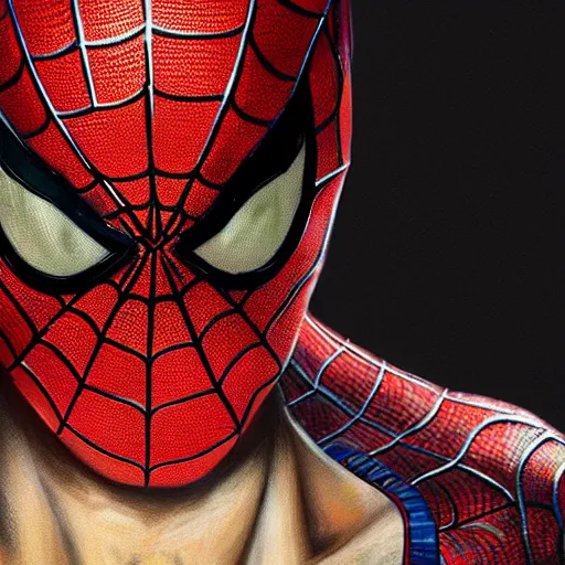 Prompt: Intricate five star 🐉 spiderman facial portrait by Pablo Picasso and Greg Rutkowski, oil on canvas, HDR, cinematic, vibrant colors, photo realistic, hyperrealism,high detail, matte finish, high contrast, 3d depth, masterpiece, vivid colors, artstationhd , deviantart