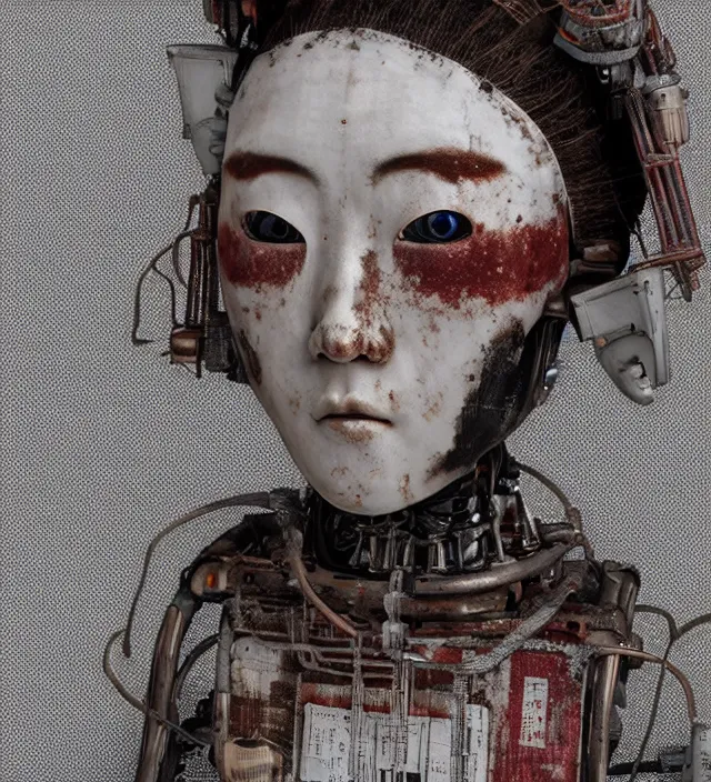 Image similar to portrait of a slightly rusty, beaten - up japanese robotic geisha with wires and actuators, porcelain white face, dramatic lighting, hyper - realistic, ultra - realistic, intricate details, 8 k ultra high definition, digital art