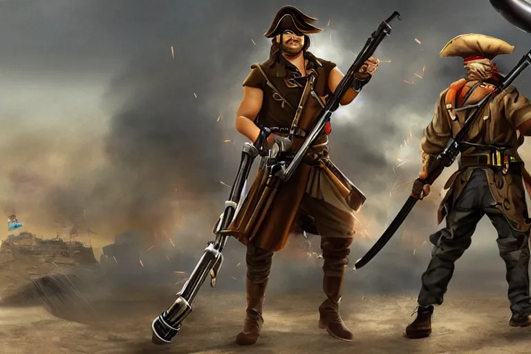 Prompt: masculine man with a pirate hat holds a bazooka, game character design