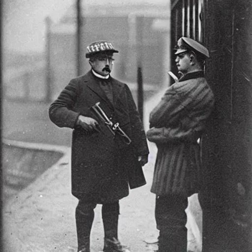 Prompt: A 1920\'s London police inspector with a stern look pointing his gun towards a frightened young man with long hair against a stone wall