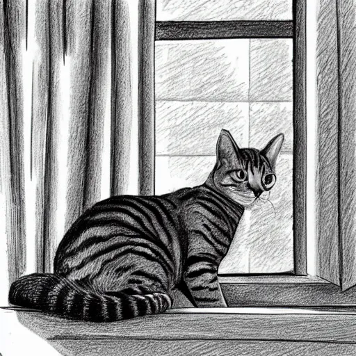 Prompt: a tabby cat named clarence laying on a table looking out the window, it is a sunny day, in the style of a hand drawn pencil sketch