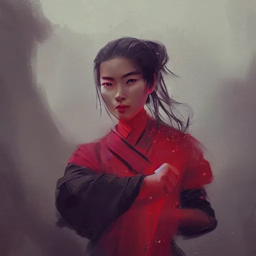 Prompt: A portrait of a Chinese beauty in red shirt, black hairs, ancient art, art by greg rutkowski, matte painting, trending on artstation