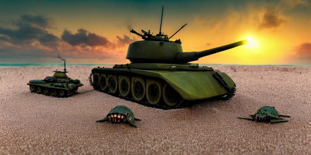 Image similar to deadly dangerous headcrab on the sand beach in the last rays of evening sun trying to eat soviet belarus tank, high detailed scene from tim burton movie