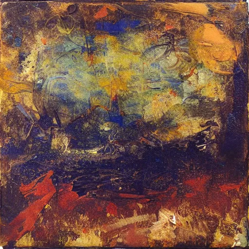 Image similar to oil paint impasto, deep under water, looking up, air bubbles, multi layered thick brush marks, some splattered paint, in the style frank auerbach and redon