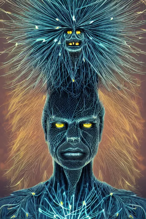 Prompt: glowing luminescent dandelion humanoid figure monster, symmetrical, highly detailed, digital art, sharp focus, trending on art station, amber eyes, autumnal colours