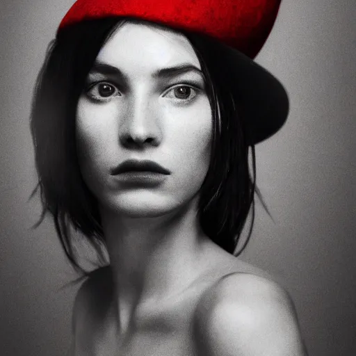 Image similar to half - length portrait of girl in a red hat and black dress, fine art portrait photography by paolo roversi, volumetric lighting, very detailed, high resolution,