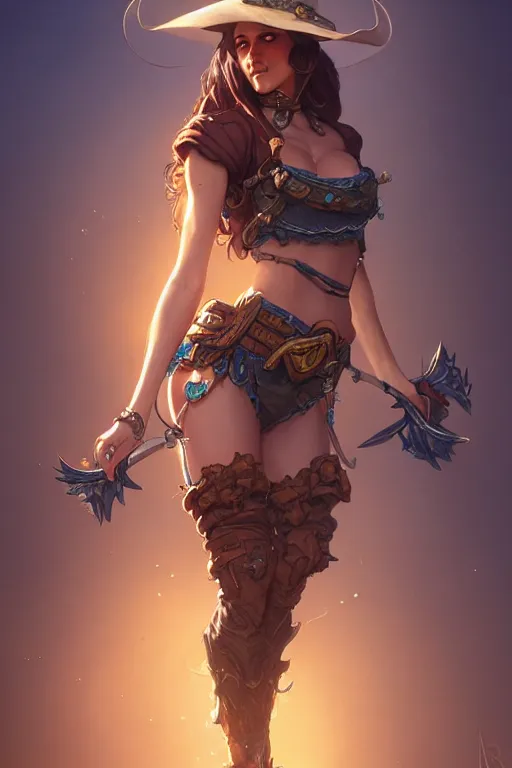 Image similar to beautiful female cowgirl, full body shot, d & d, fantasy, intricate, elegant, highly detailed, digital painting, artstation, concept art, matte, sharp focus, illustration, hearthstone, art by artgerm and greg rutkowski and alphonse mucha