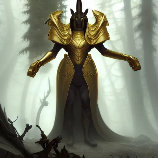 Image similar to long shot photo of anubis wear in golden heroic armour in the foggy forest, foggy bottom, highly detailed, digital painting, artstation, smooth, sharp focus, illustration, art by artgerm and greg rutkowski and alphonse mucha