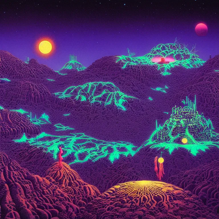 Image similar to astral projectors in mysterious desert canyon at night, infinite sky, synthwave, bright neon colors, highly detailed, cinematic, tim white, philippe druillet, roger dean, ernst haeckel, lisa frank, aubrey beardsley, kubrick, kimura, isono