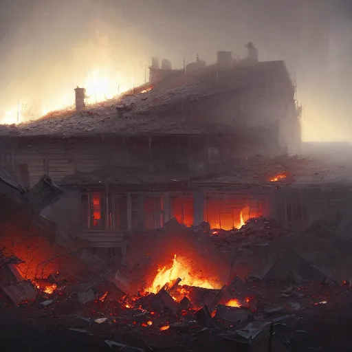 Image similar to a close view of destroyed buildigs!!!, rubble!!, fires!! hyperrealistic, highly detailed, cinematic, foggy light from fires, beautiful, cgssociety, artstation, 8 k, oil painting by greg rutkowski, by artgerm, by wlop