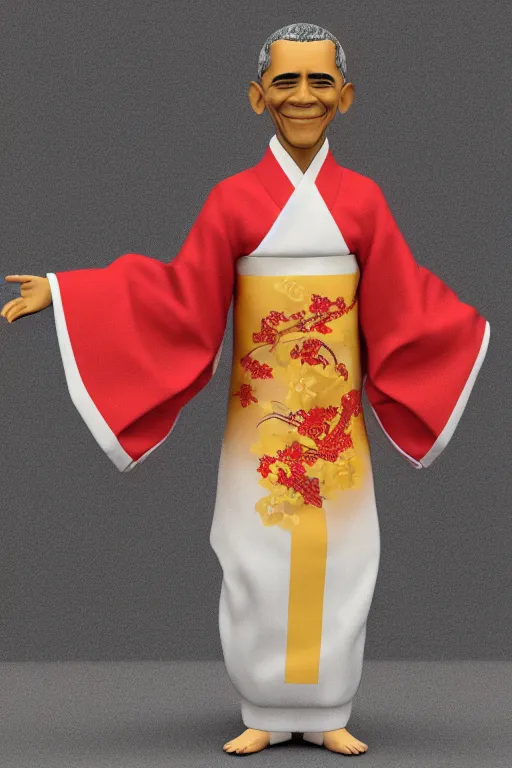 Image similar to full body 3d render of barack obama as an anime doll wearing a beautiful kimono, shinto shrine, blender, trending on artstation, 8k, highly detailed, bokeh, depth of field