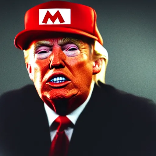 Image similar to uhd candid photo of hyperdetailed donald trump dressed as mario. correct face, cinematic lighting, photo by annie leibowitz, and steve mccurry.