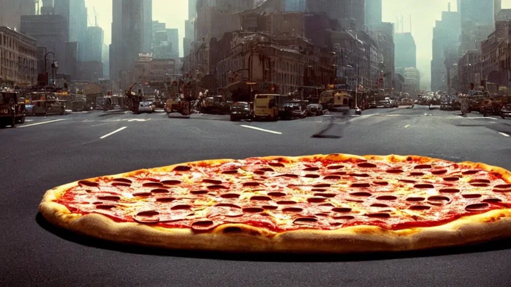 Prompt: the giant pizza floats the city, film still from the movie directed by denis villeneuve and david cronenberg with art direction by salvador dali and dr. seuss