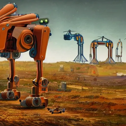 Image similar to giant quadrupedal mining drone, four legs, highly detailed body, industrial robot, photorealistic camera shot, in the style of simon stalenhag