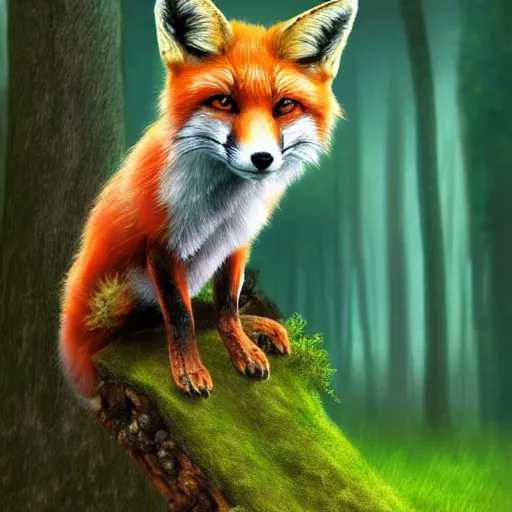 Prompt: a red fox on top of a log, in a green fantasy forest, lighting, digital art, matte painting, artstation trend, hdr