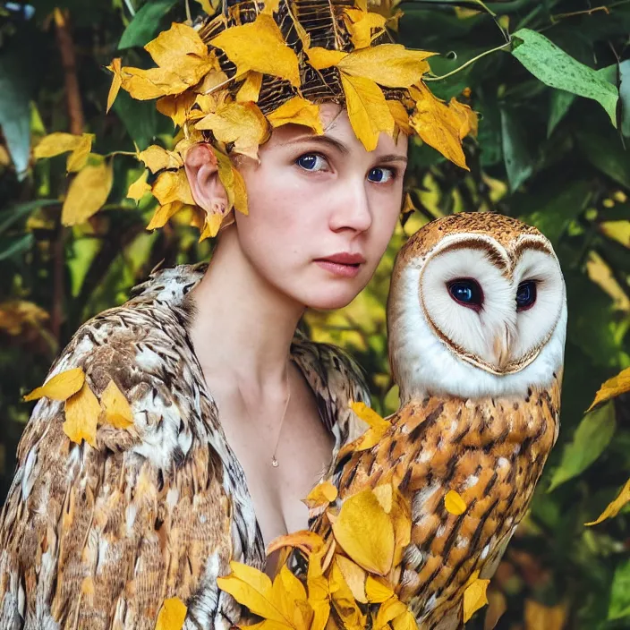 Prompt: portrait photograph of an extremely beautiful!!!! young female , symmetric face!, symmetric round detailed eyes!!, slight smile, natural light, wearing a yellow kimono!! with a very detailed barn owl! on her shoulder in a tropical greenhouse. looking at the camera!!. golden crown made of golden leaves. super resolution. Extremely detailed. Graflex camera!, bokeh!!!!! trending on artstation.