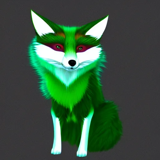 Prompt: digital green and white and green and green fox, retrowave palette, digital world, highly detailed, electric breeze, anatomically correct vulpine, synth feel, fluffy face, ear floof, flowing fur, super realism, accurate animal imagery, 4 k digital art