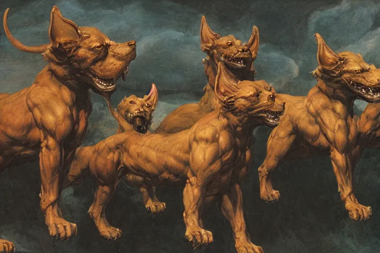 Image similar to hyperdetailed matte art of cerberus by william blake, ilya repin, amano, rene magritte, craig mullins, three headed dog, details