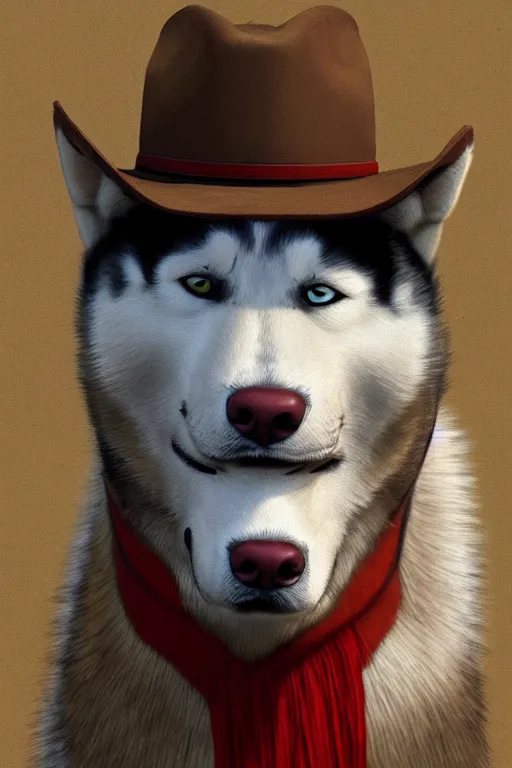 Image similar to a portrait painting of a husky in cowboy costume, wearing a cowboy hat, by studio ghibli, [ western film ], [ red dead ], trending on artstation