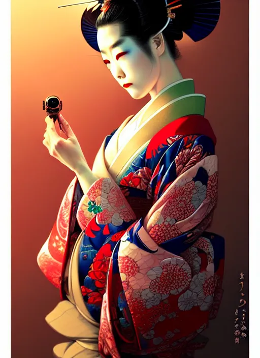 Prompt: sensual japanese geisha wearing vr eyepiece, intricate geisha kimono, robotic, android, cyborg, cyberpunk face, steampunk, fantasy, intricate, elegant, highly detailed, colorful, vivid color, digital photography, cool warm lighting, artstation, art by artgerm and greg rutkowski and ruan jia,