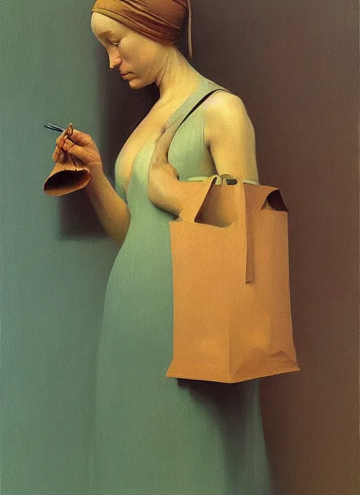 Image similar to woman with a paper bag over the head and a sward Edward Hopper and James Gilleard, Zdzislaw Beksinski, Steven Outram highly detailed