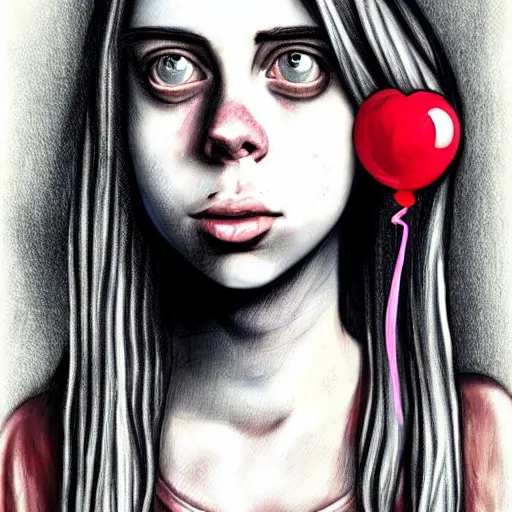 Prompt: surrealism grunge cartoon portrait sketch of billie eilish with a wide smile and a red balloon by - michael karcz, loony toons style, mona lisa style, horror theme, detailed, elegant, intricate