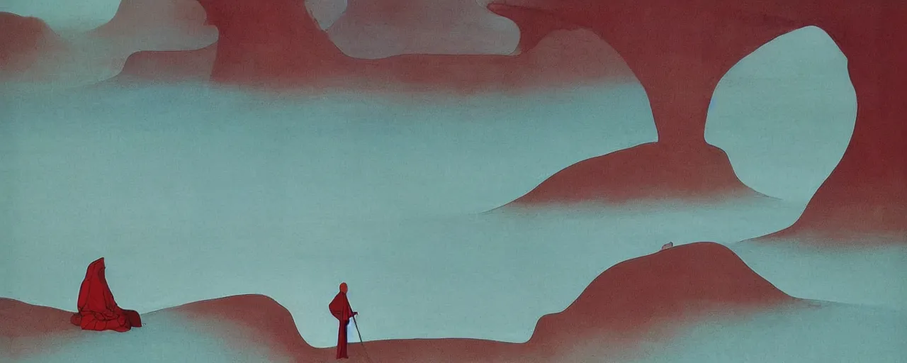 Image similar to deep desert, oasis, water lake, mirage, sand mists, red sandstone natural sculptures, desert flowers, subtle color variations, gentle mists, a white robed benevolent magician clothed in a royal garment in contemplation meditating upon God, by Eyvind Earle and Mary Blair