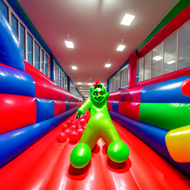 Prompt: , chased by a scary clown in an endless corridor made of bouncy castle, highly detailed, 8 k, hdr, smooth, sharp focus, high resolution, award - winning photo
