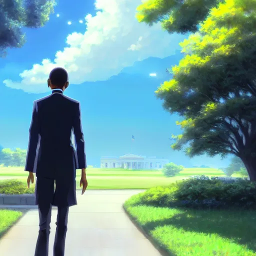 Image similar to beautiful makoto shinkai anime style digital painting portrait of barack obama at the white house walking away from a woman, heartbroken, 4 k, 8 k, hd, high resolution, highly detailed, intricate detail, ultra realistic faces, digital art, trending on artstation, your name, weathering with you