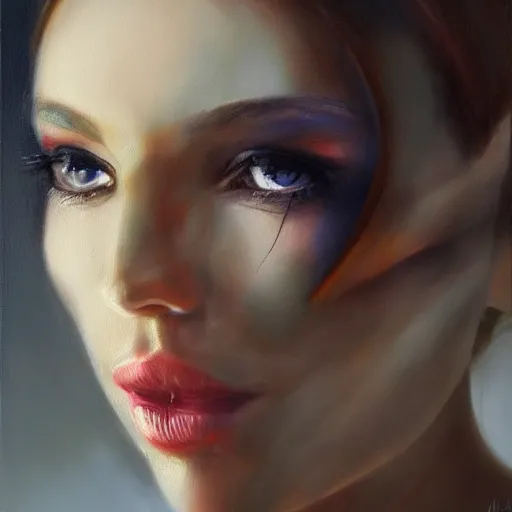 Image similar to amazing portrait of a beautiful cyborg, oil painting. HD