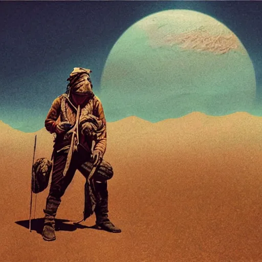 Image similar to 19th century scruffy american trapper, bandana covering face, in a sandstorm, martian landscape, pulp science fiction illustration