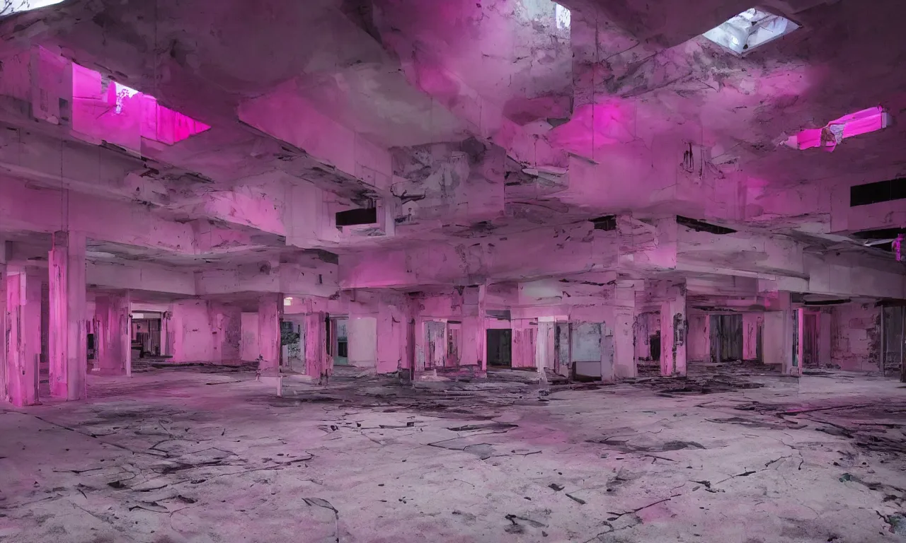 Image similar to backrooms abandoned mall, ominous neon pink and purple vaporwave lighting, moldy walls and shallow water, shadowy tall figures in the distance, bright smile in a dark spot