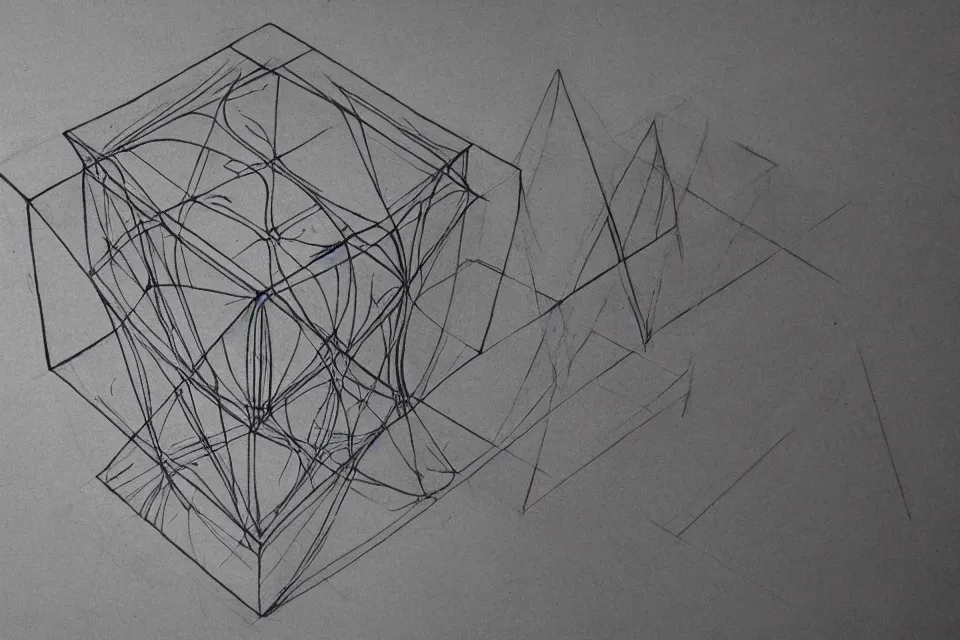 Prompt: geometric anamorphic drawing of a tesseract