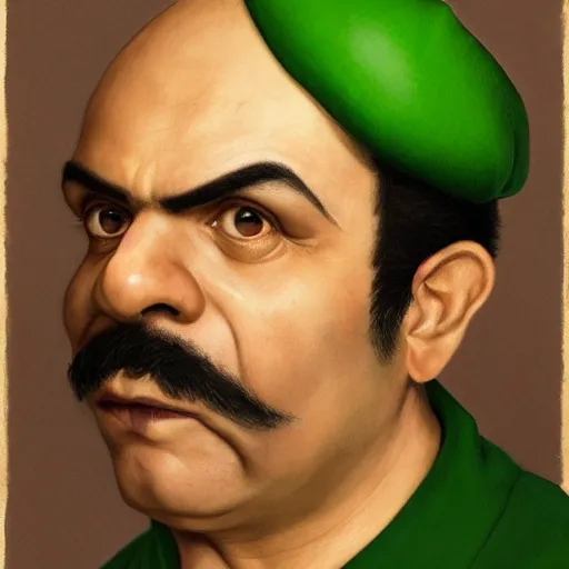 Image similar to hyper realistic, realistic - anime, portrait, beautifully rendered, luis guzman as luigi wearing green, smirking deviously, luigi, luigi's nose, painted by jan van eyck, albrecht durer, gustave courbet, greg rutkowski, wlop, artgerm, dishonored 2,