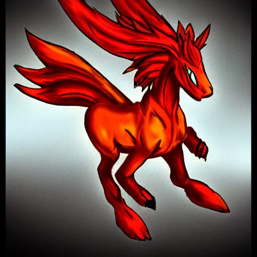 Image similar to mixture between rapidash and combusken, fire pokemon, horse chicken hybrid, a lot of fire, detailed, cartoon style