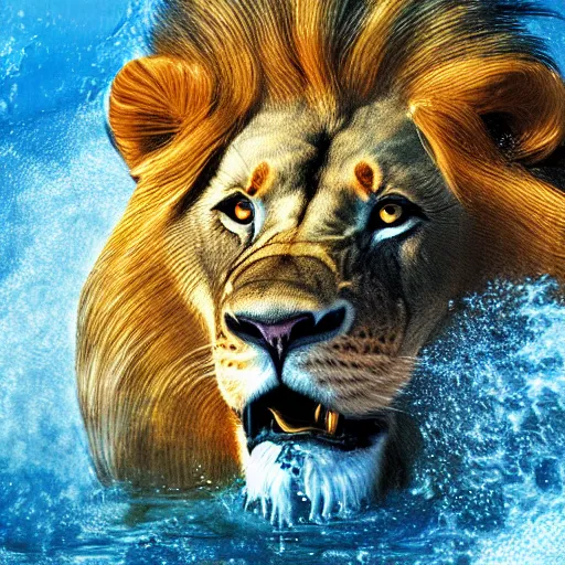 Image similar to a male lion's face breaching through a wall of water, water sprites, splashing, deep blue water color, highly detailed, realistic digital art