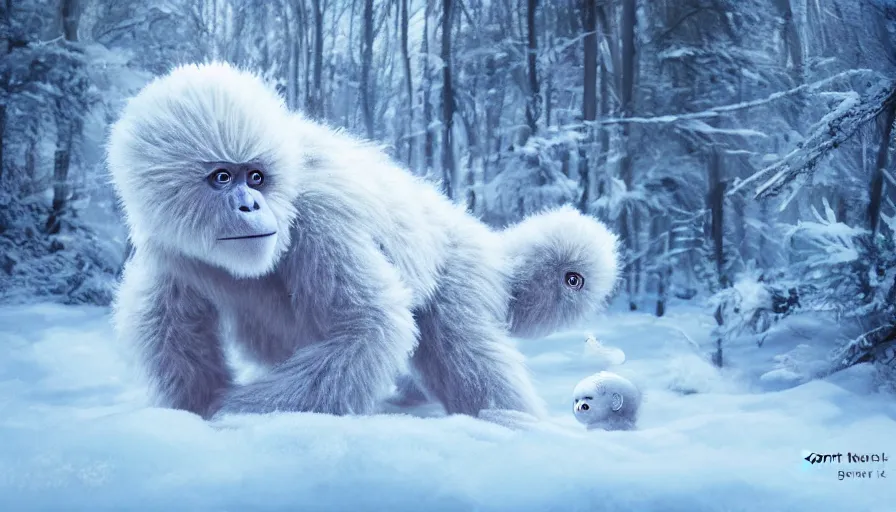 Image similar to baby yeti in the snowy forest by grant morrison, hyperdetailed, artstation, cgsociety, 8 k