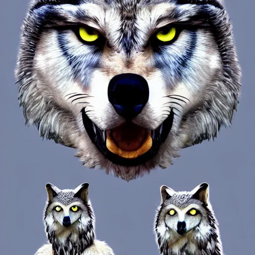 Image similar to ( ( ( ( wolf ) ) ) ) with the head of an owl, art reference sheet, featured on artstation