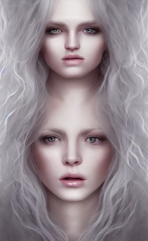 Image similar to a beautiful woman glossy porcelain skin albino, 8 k, sensual, hyperrealistic, hyperdetailed, beautiful face symmetrical, long white hair windy, dark fantasy, fantasy portrait by laura sava