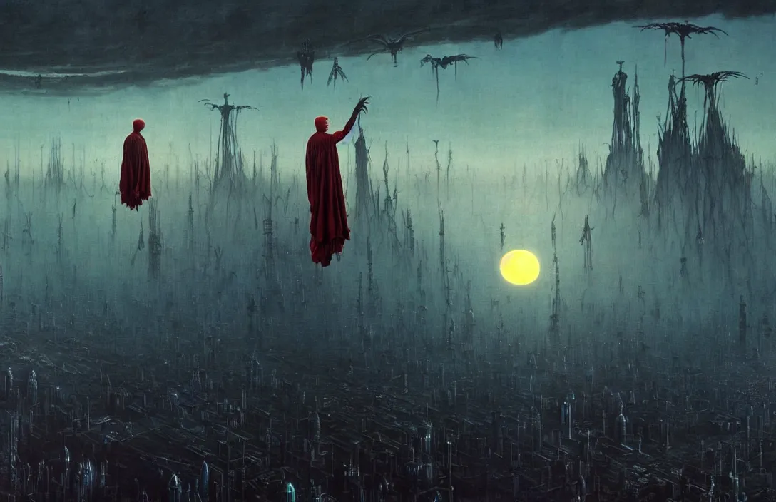 Image similar to extremely detailed portrait film shot of a birdman wearing dark ragged robes, scifi city sunrise landscape background by denis villeneuve, amano, yves tanguy, ernst haeckel, max ernst, roger dean, ridley scott, dramatic closeup composition, rich moody colours, blue eyes