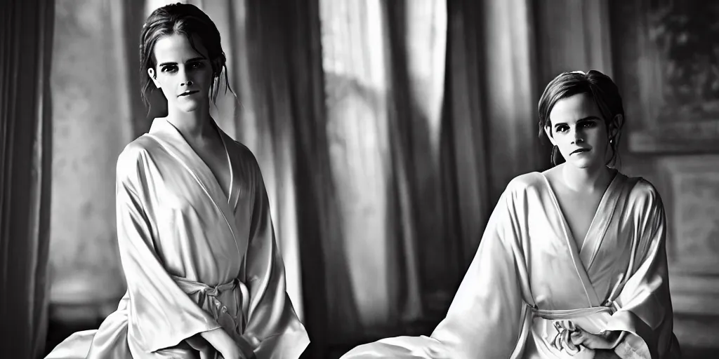 Prompt: portrait Emma Watson flowing silk robes baroque room cinematic lighting Stanley Kubrick canon 5d mk4