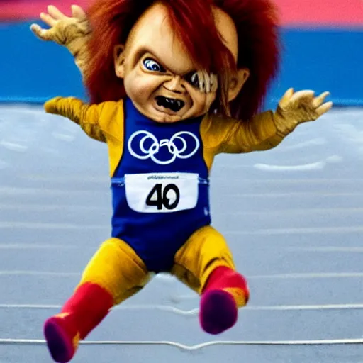 Image similar to screaming chucky doll doing long jump at the olympics