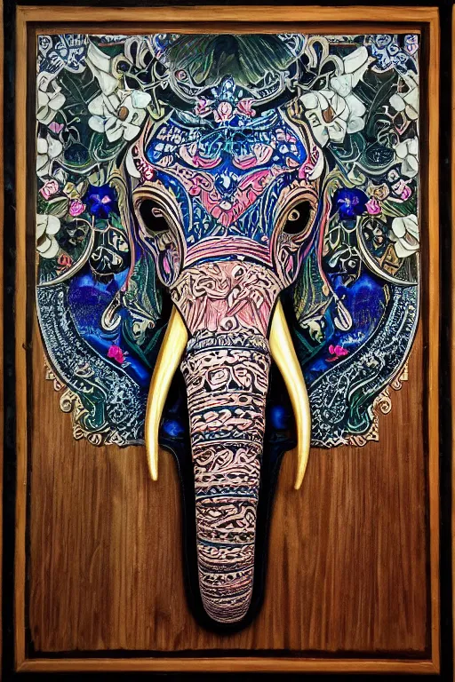 Image similar to Painted dark-wood panel relief carving of a close up of a Flowerpunk Matriarch Elephant, ornate border frame, explosion of colorful flowers, dark wood, intricately carved, black ink, festival of rich colors, intricate details, cinematic lighting, volumetric lighting, post-processing, art nouveau, tarot, fractal art, mandala, by andreas rocha and john howe, and Martin Johnson Heade, featured on artstation, featured on behance, golden ratio, hyper detailed, photorealistic, epic composition, center spotlight, f32, well composed, symmetrical, UE5, 8k