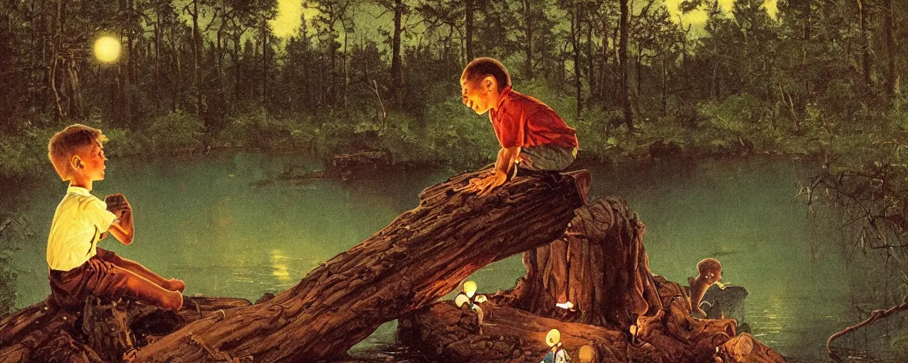 Prompt: a scenic view of a black boy sitting on a log in the middle of a magical forest with glow-worm lights near a lake, detailed, cinematic, dramatic scene, retro illustration by Norman Rockwell.