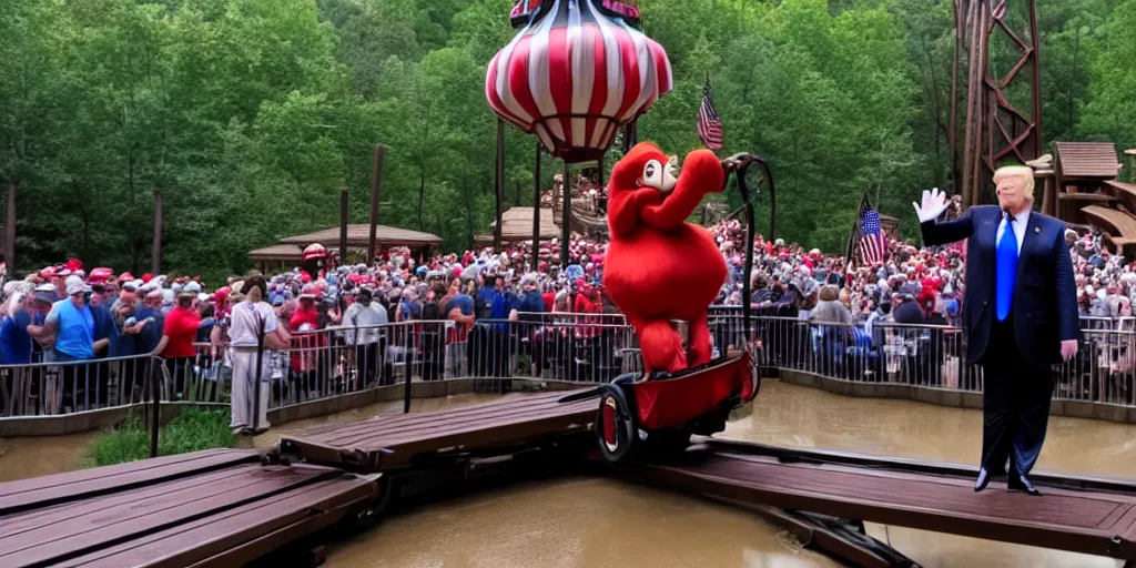 Image similar to Donald trump falls off of a trolly and cries, caught in 4K, taken in Silver Dollar City